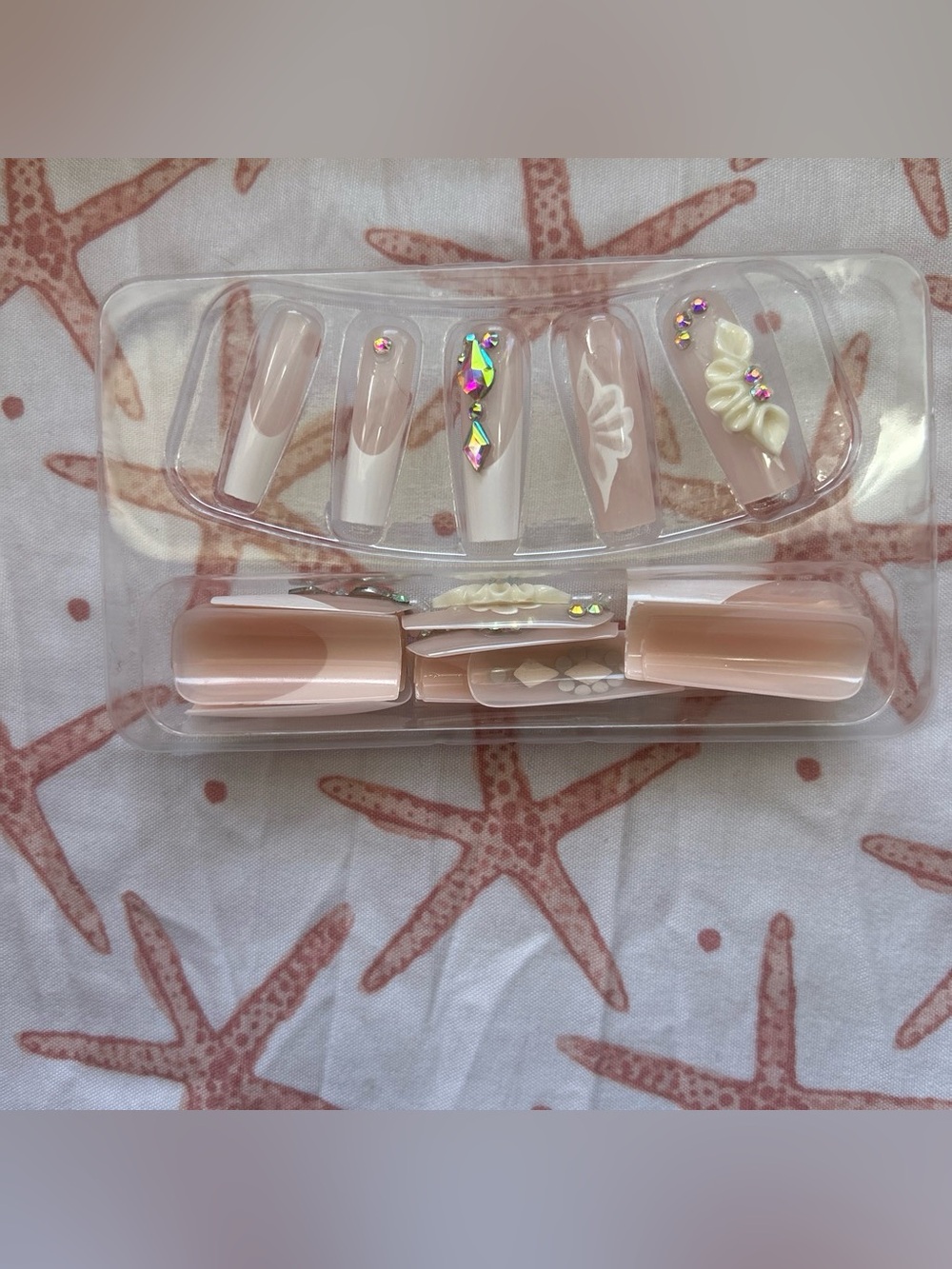 Neutral Pink Acrylic Press-On Nails with Rhinestones & 3D Floral Accents